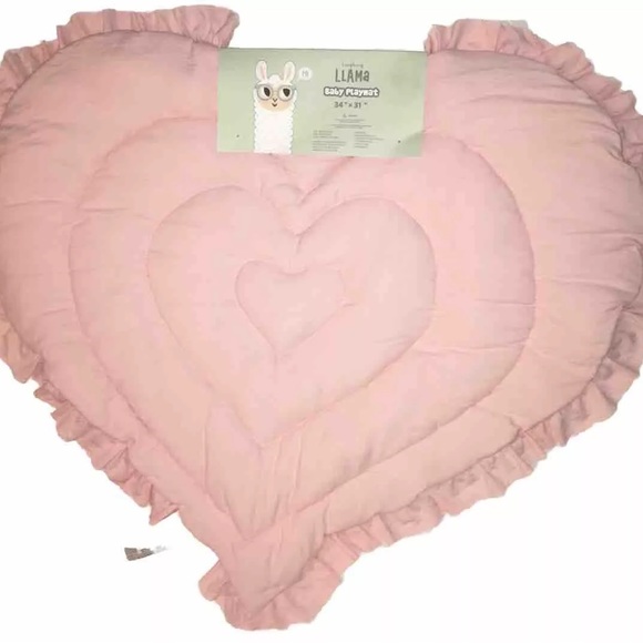 Laughing LLAMA HEART 🩷 SHAPED QUILTED PLAY-MAT PINK Ruffled Decor 34” X 31” - Picture 1 of 6